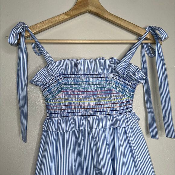Tuckernuck Rainbow Smocked Blouse XS Multicolor Stripe Cotton Top Tie Straps - Picture 3 of 7
